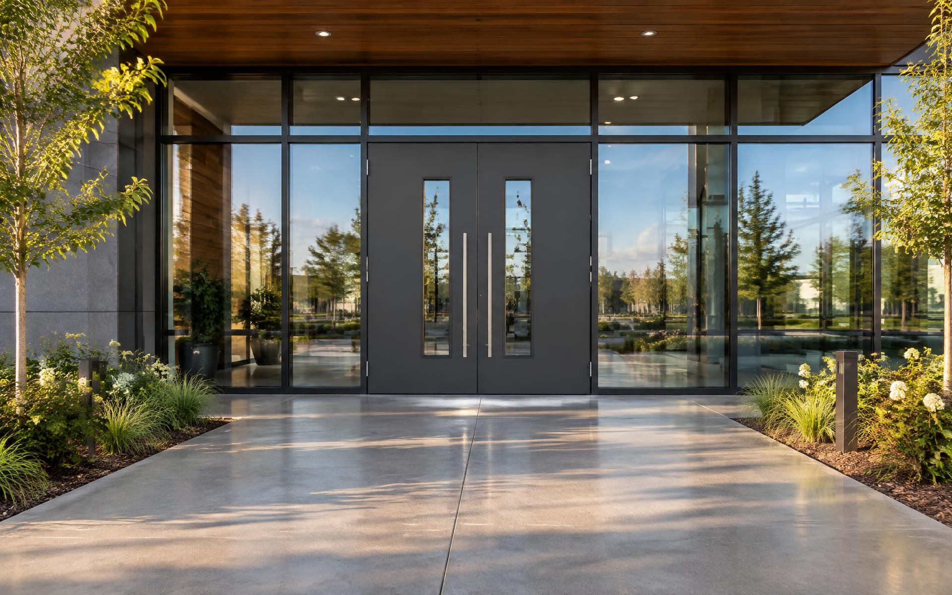 Modern commercial building entrance with charcoal steel double doors